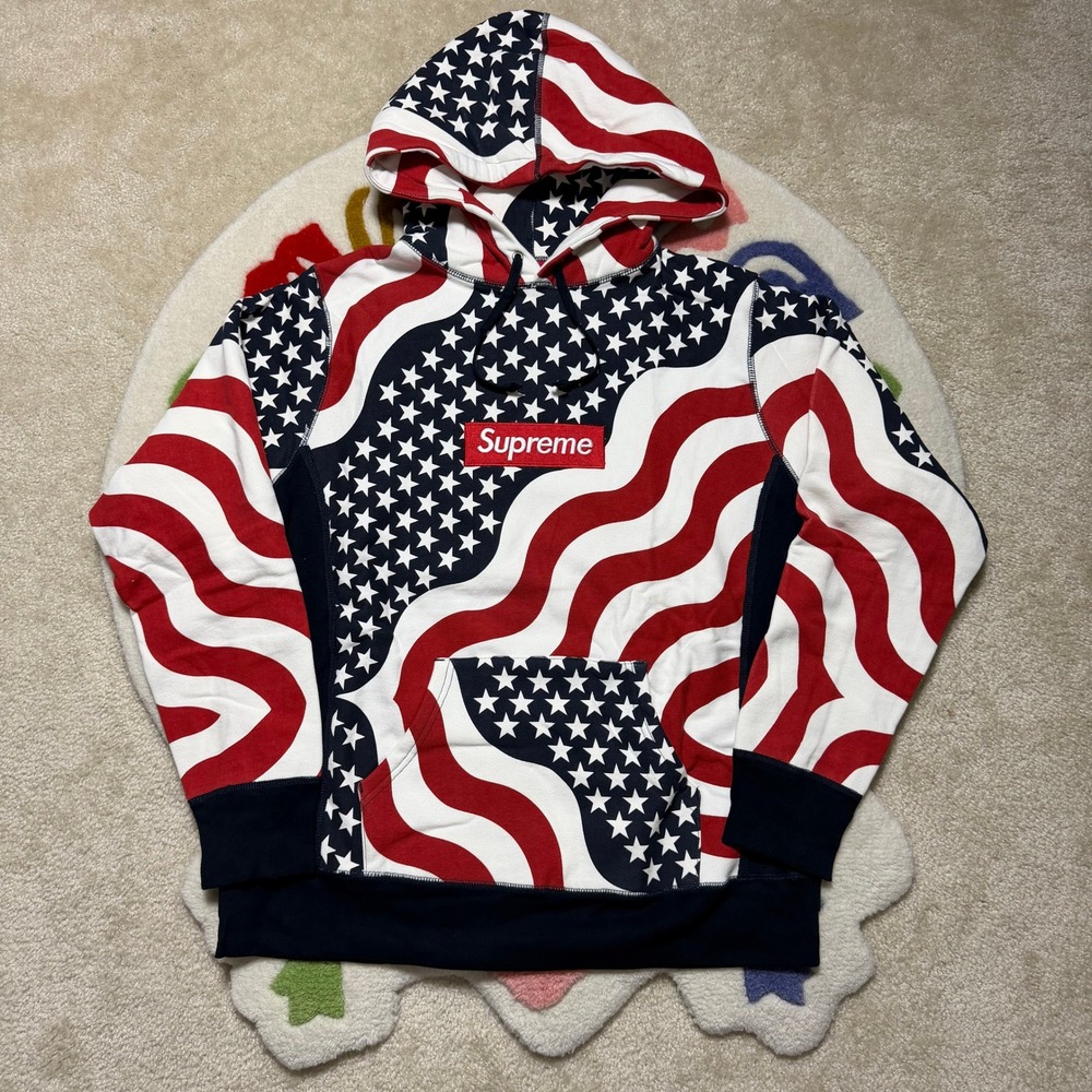 Supreme Box Logo Hoodie FW14 American Flag Stars Stripes Red White Blue Medium